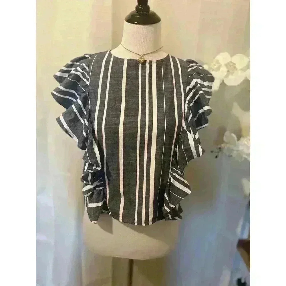 Gray Striped Ruffle Blouse - Picture 2 of 3